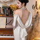 Vintage Mermaid High Neckline Long Sleeves Satin Lace Long White Wedding Dresses C598