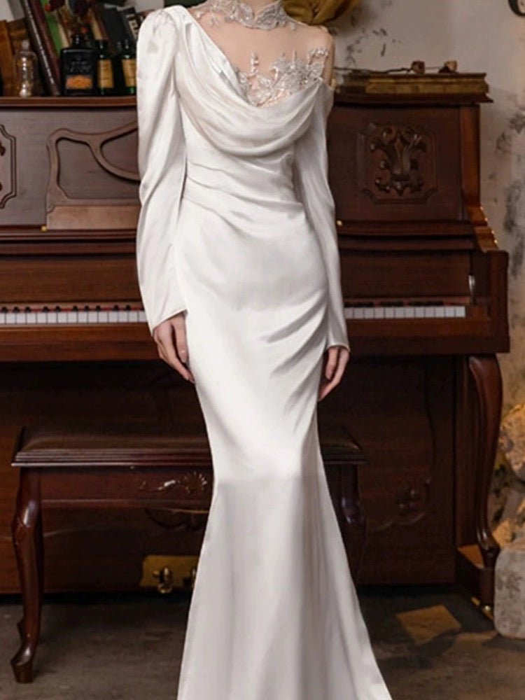 Vintage Mermaid High Neckline Long Sleeves Satin Lace Long White Wedding Dresses C598