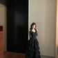 Pretty A Line Spaghetti Straps Black Multi-Layer Satin Long Prom Dress,Formal Dress C5991