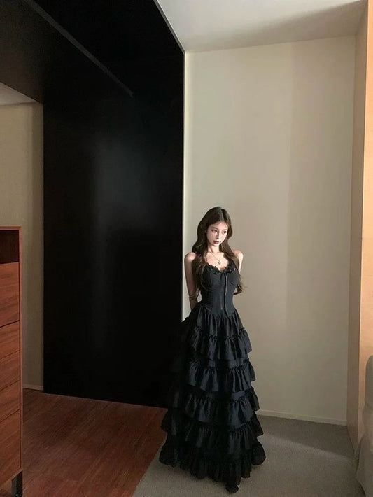 Pretty A Line Spaghetti Straps Black Multi-Layer Satin Long Prom Dress,Formal Dress C5991
