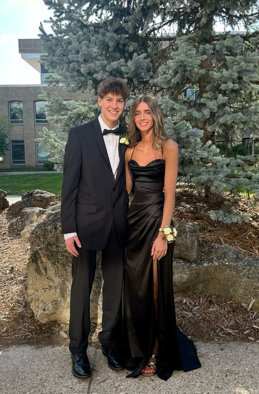 Classic Mermaid Halter Black Pleated Satin Slit Long Prom Dress,Formal Dress C5999