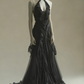 Vintage A Line Halter Black Satin Tulle Lace Long Prom Dress,Formal Dress C6000