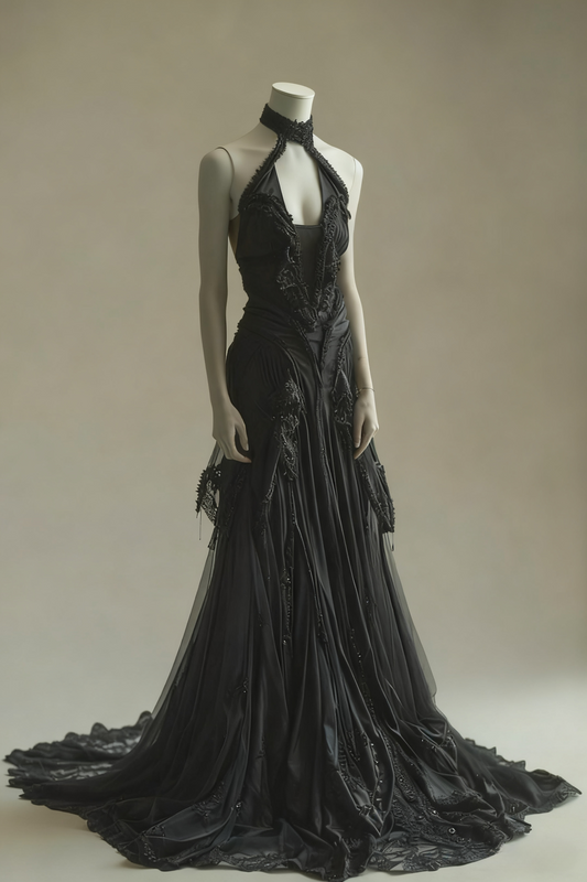 Vintage A Line Halter Black Satin Tulle Lace Long Prom Dress,Formal Dress C6000