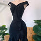 Modest Mermaid Black Off The Shoulder Satin Ruffle Short Homecoming Dress 20th Birthday Outfits C6003