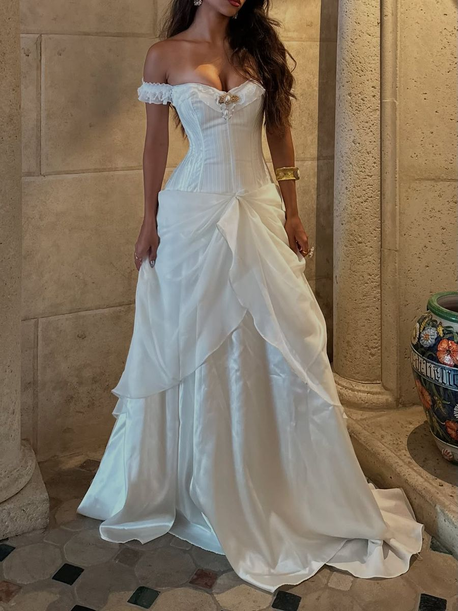 Princess A Line Off The Shoulder Satin Chiffon Long Prom Dress,Formal Dress C6016