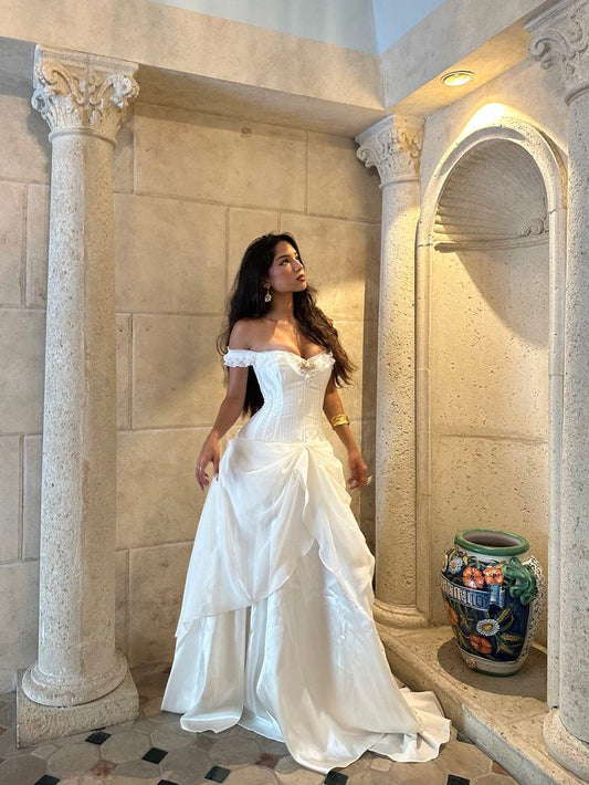 Princess A Line Off The Shoulder Satin Chiffon Long Prom Dress,Formal Dress C6016