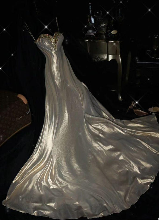 Classy A Line Spaghetti Straps Satin Beaded Long Prom Dress,Formal Evening Dress C6017