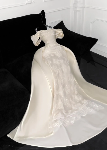 Chic Mermaid Off The Shoulder Satin Lace Long Prom Dress,Formal Evening Dress C6018