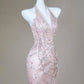Gorgeous Mermaid Halter Light Pink Satin Beaded Long Prom Dress,Formal Evening Dress C6019