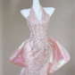 Gorgeous Mermaid Halter Light Pink Satin Beaded Long Prom Dress,Formal Evening Dress C6019