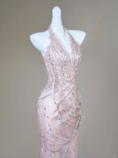 Gorgeous Mermaid Halter Light Pink Satin Beaded Long Prom Dress,Formal Evening Dress C6019