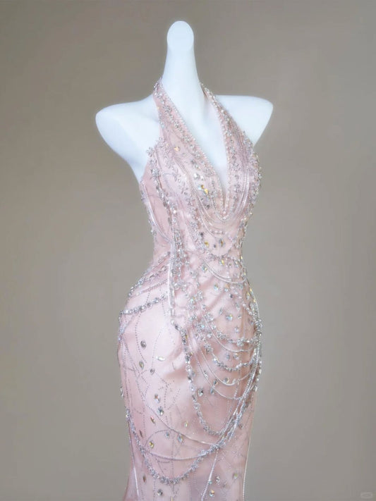Gorgeous Mermaid Halter Light Pink Satin Beaded Long Prom Dress,Formal Evening Dress C6019