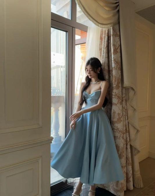 Princess A Line Spaghetti Straps Satin Long Prom Dress,Formal Evening Dress C6023