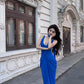 Unique Royal Blue Mermaid V Neck Satin Long Prom Dress,Formal Evening Dress C6024