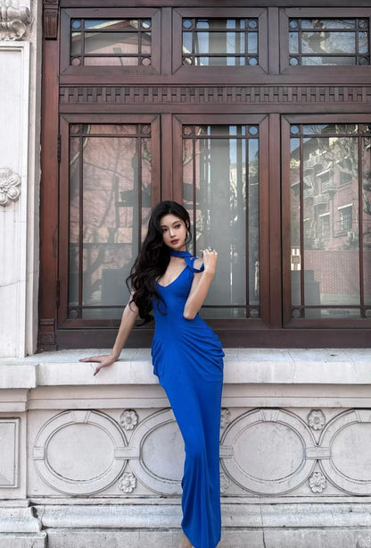 Unique Royal Blue Mermaid V Neck Satin Long Prom Dress,Formal Evening Dress C6024