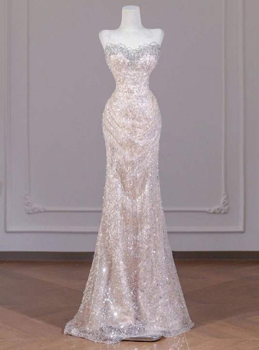 Shiny Mermaid Strapless Tulle Sequin Long Prom Dress,Formal Evening Dress C6026