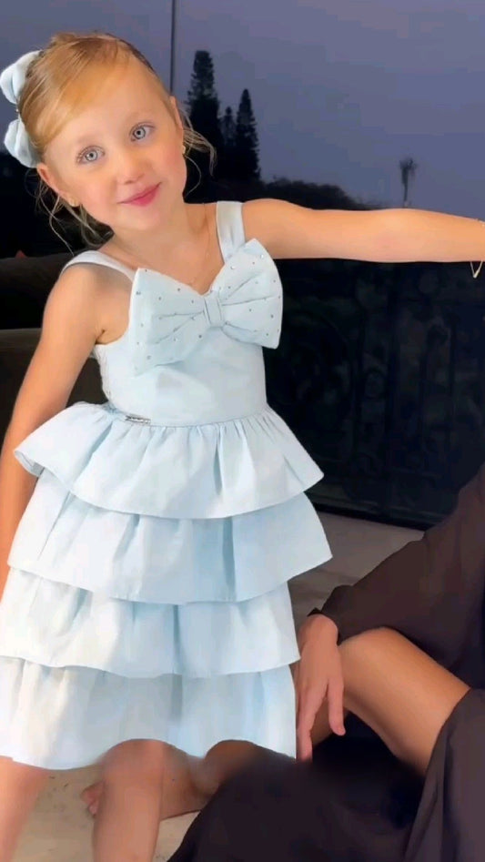 Cute A Line Pale Blue Tiered Satin With Bow Flower Girl Dress C6028