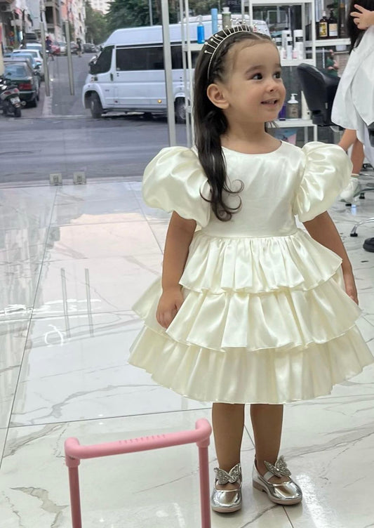 Pretty A Line Tiered Satin With Short Bubble Sleeves Flower Girl Dress C6029