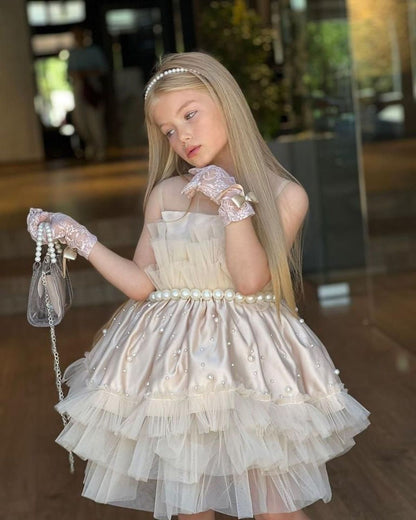 Princess Ball Gown Satin Tulle Beaded With Gloves Flower Girl Dress C6035