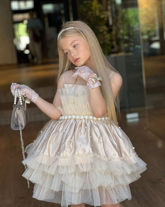 Princess Ball Gown Satin Tulle Beaded With Gloves Flower Girl Dress C6035