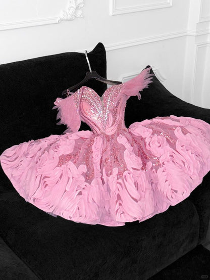 Gorgeous A Line Off The Shoulder Pink Tulle Beaded Short Homecoming Dress 19th Birthday Outfits C6038