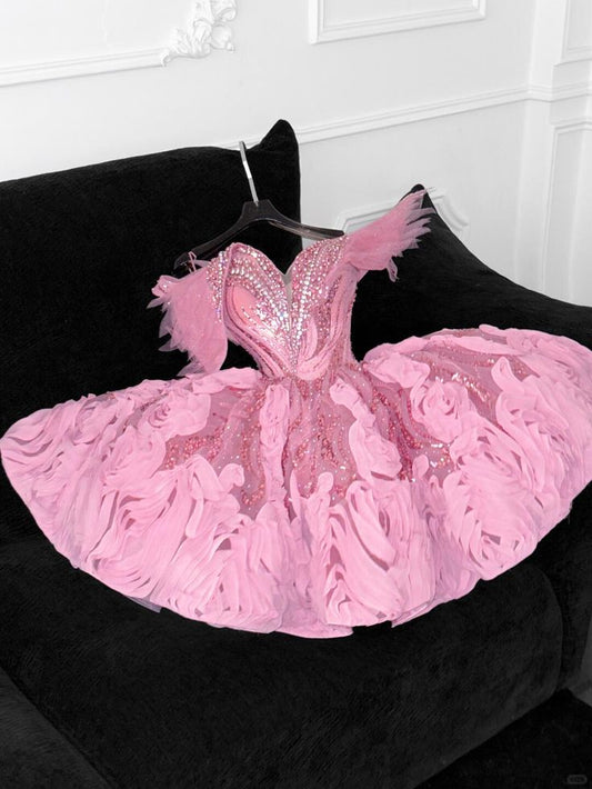 Gorgeous A Line Off The Shoulder Pink Tulle Beaded Short Homecoming Dress 19th Birthday Outfits C6038