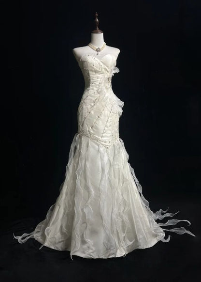 Sweetheart Mermaid Satin Chiffon Ruffle Beaded  Long Prom Dress,Wedding Dress,Evening Dress C6042