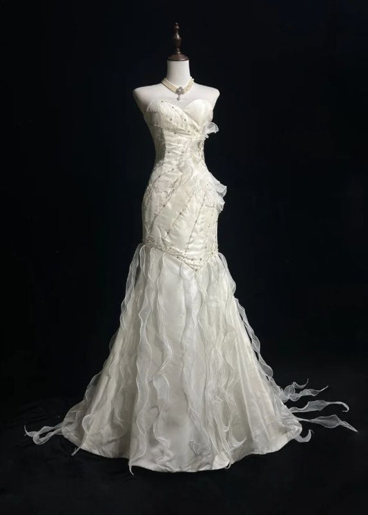 Sweetheart Mermaid Satin Chiffon Ruffle Beaded  Long Prom Dress,Wedding Dress,Evening Dress C6042
