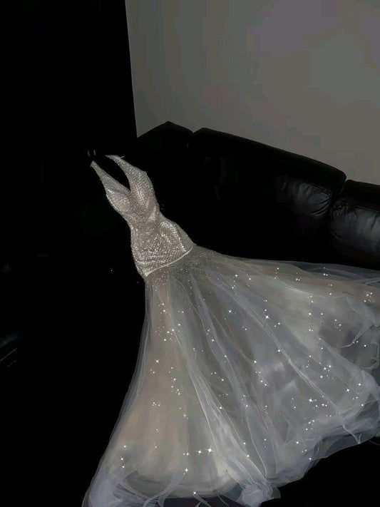 Glitter A Line Halter Tulle Sequin Long Prom Dress,Wedding Dress,Evening Dress C6043