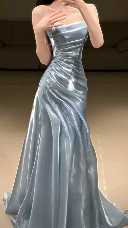 Classy Style A Line Strapless Pleated Satin Long Prom Dress, Bridesmaids Dress, Evening Dress C6044