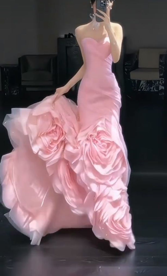 Unique Mermaid Pink Strapless Satin Tulle Long Prom Dress, Evening Dress C6045