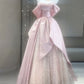 Beautiful A Line Off The Shoulder Pink Satin Tulle Sequin Long Prom Dress, Evening Dress C6046