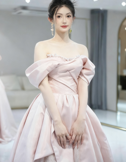 Beautiful A Line Off The Shoulder Pink Satin Tulle Sequin Long Prom Dress, Evening Dress C6046