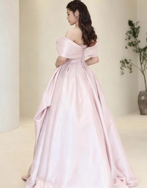Beautiful A Line Off The Shoulder Pink Satin Tulle Sequin Long Prom Dress, Evening Dress C6046
