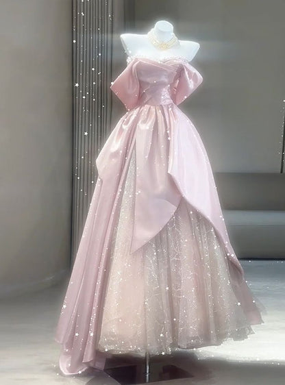 Beautiful A Line Off The Shoulder Pink Satin Tulle Sequin Long Prom Dress, Evening Dress C6046