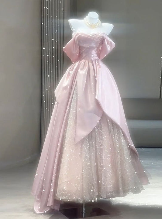 Beautiful A Line Off The Shoulder Pink Satin Tulle Sequin Long Prom Dress, Evening Dress C6046