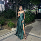 Simple A Line Dark Green Spaghetti Straps Satin Slit Long Prom Dress, Evening Dress C6047