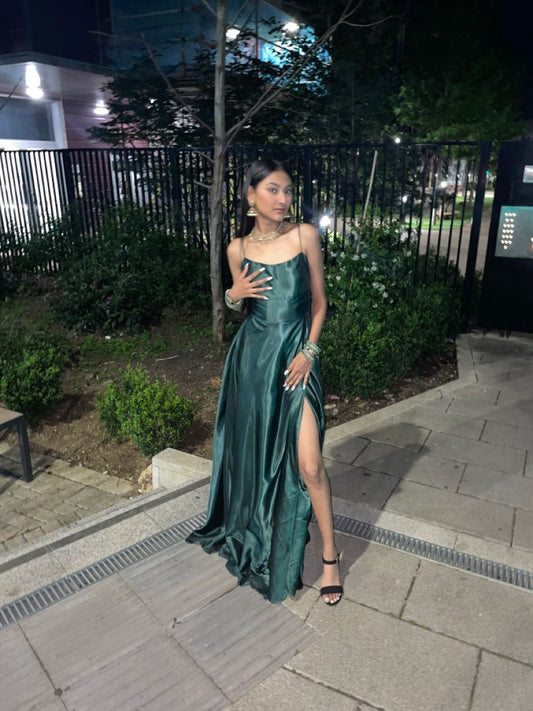 Simple A Line Dark Green Spaghetti Straps Satin Slit Long Prom Dress, Evening Dress C6047