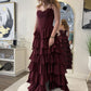 Chic A Line Spaghetti Straps Tiered Chiffon Lace Long Prom Dress, Evening Dress C6049