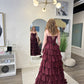 Chic A Line Spaghetti Straps Tiered Chiffon Lace Long Prom Dress, Evening Dress C6049