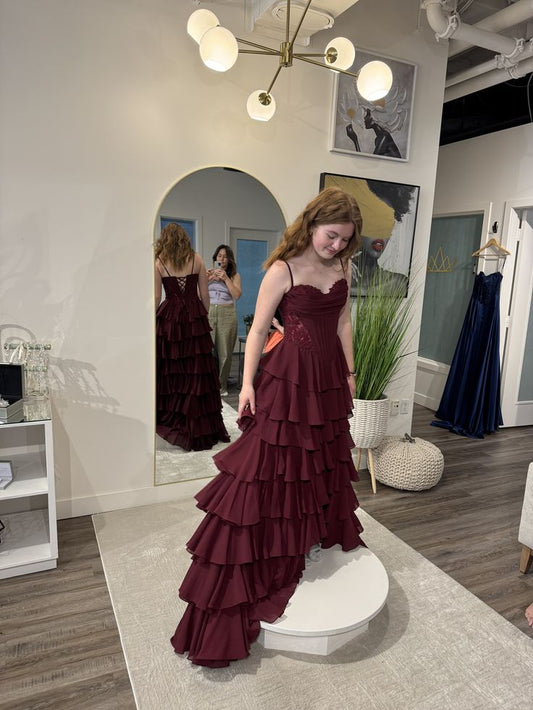 Chic A Line Spaghetti Straps Tiered Chiffon Lace Long Prom Dress, Evening Dress C6049