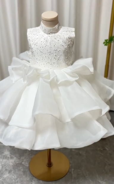 Pretty Ball Gown High Neck Satin Sequin Flower Girl Dress C6052