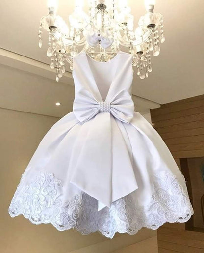 White Ball Gown Satin Lace Flower Girl Dress C6053