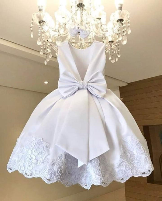 White Ball Gown Satin Lace Flower Girl Dress C6053