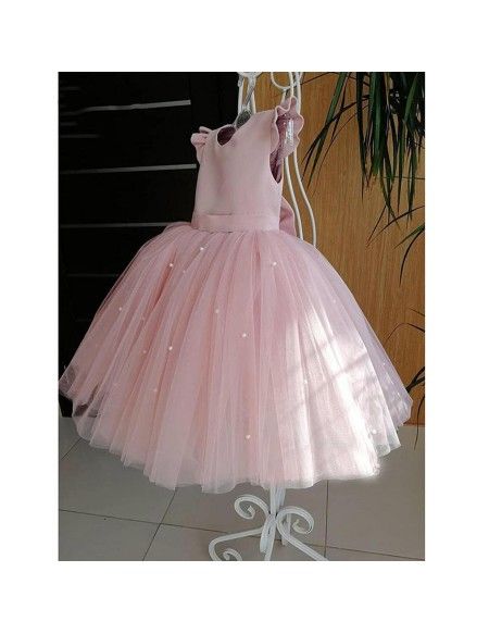 Pink Ball Gown Satin Tulle Ruffle Sleeves Back With Bow Knot Flower Girl Dress C6057