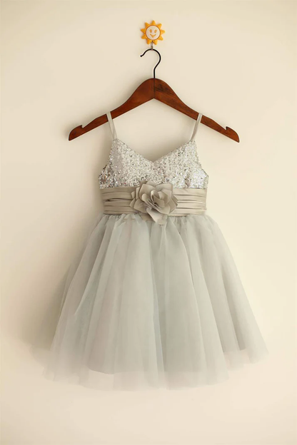 Pretty A Line Spaghetti Straps Tulle Sequin Flower Girl Dress C6058