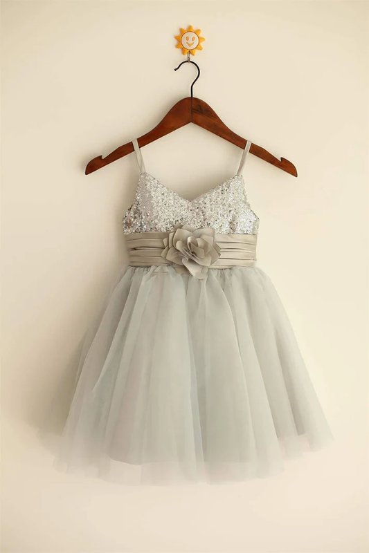 Pretty A Line Spaghetti Straps Tulle Sequin Flower Girl Dress C6058