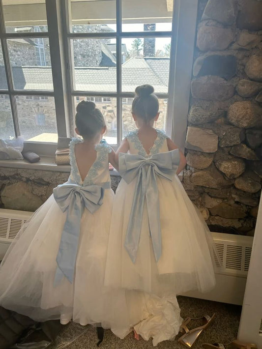 Sweet A Line Satin Tulle Applique Back With Bow Knot Flower Girl Dress C6060