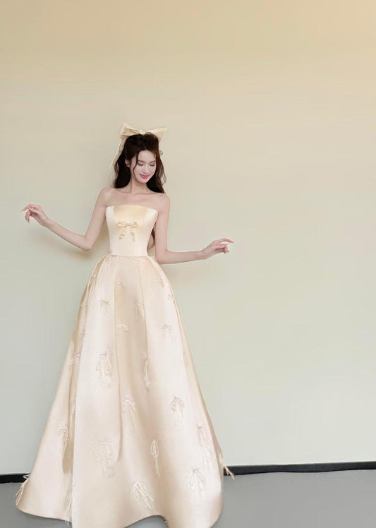 Pretty A Line Strapless Satin With Bow Knot Long Prom Dress, Evening Dress C6062