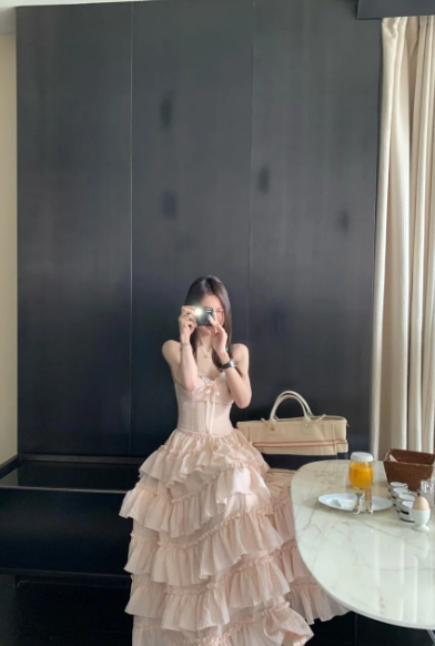 Sweet A Line Spaghetti Straps Satin Tiered Chiffon Long Prom Dress, Evening Dress C6063